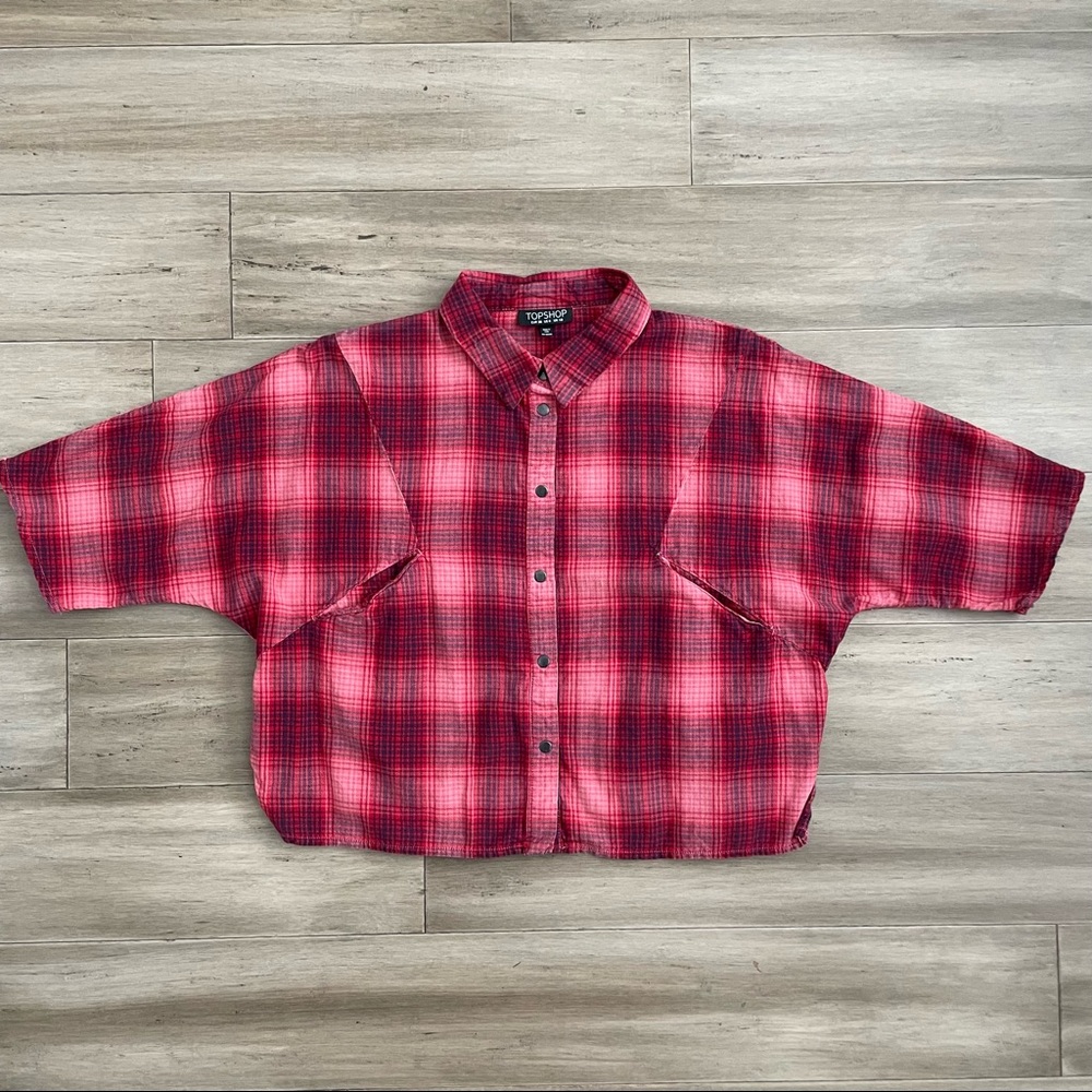 Topshop Checkered Cropped Shirt, Red, 6